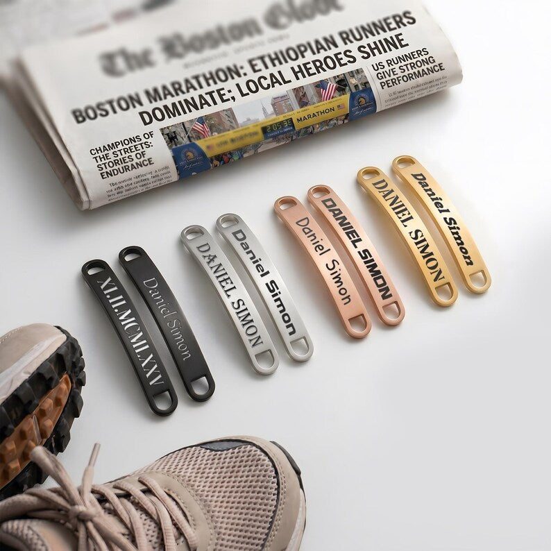Custom shoelace tags engraved with dad's name, the perfect Father's Day gifts for runners and active dads.