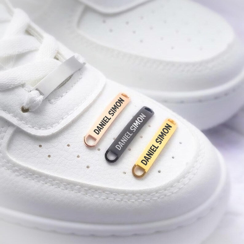 Steel gift for husband and sports dad, featuring a personalized dad's name shoe tag for his running shoes.