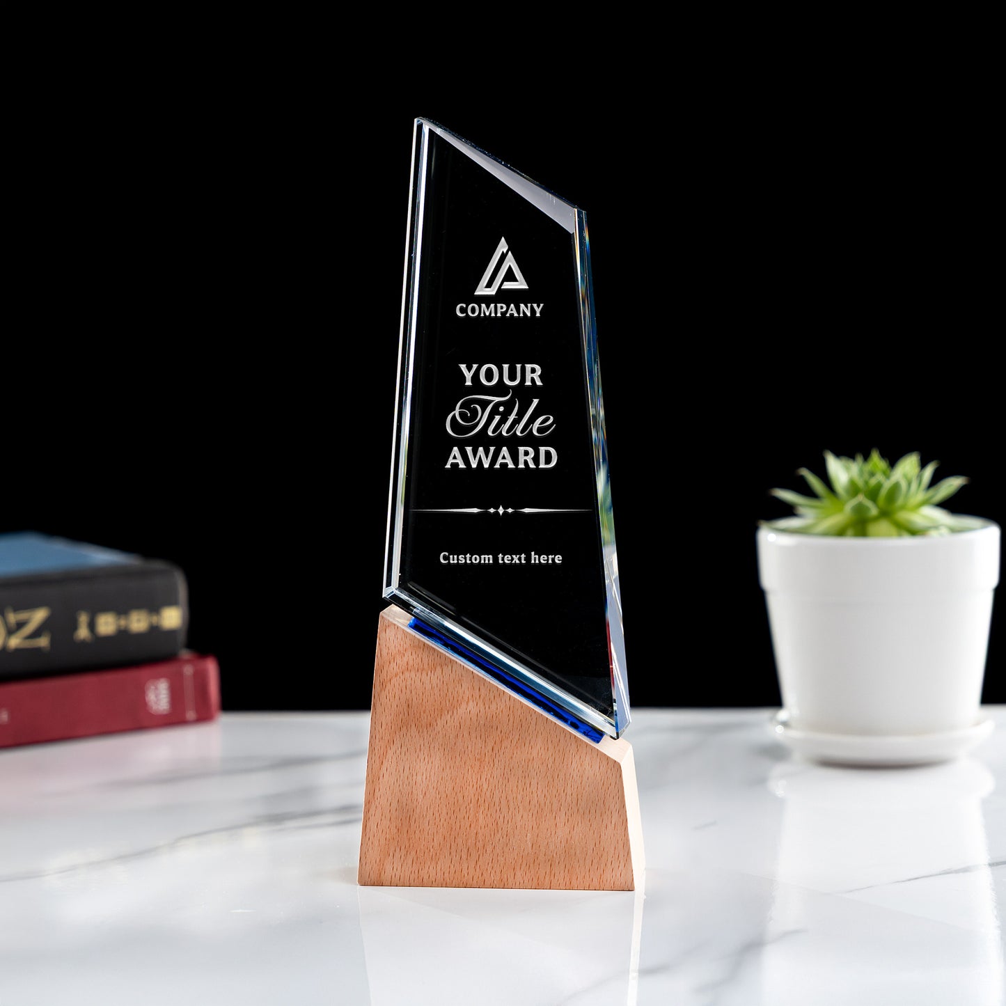 Custom appreciation gifts with custom plaque engraving on a Personalized Dedicated Employee Crystal Award