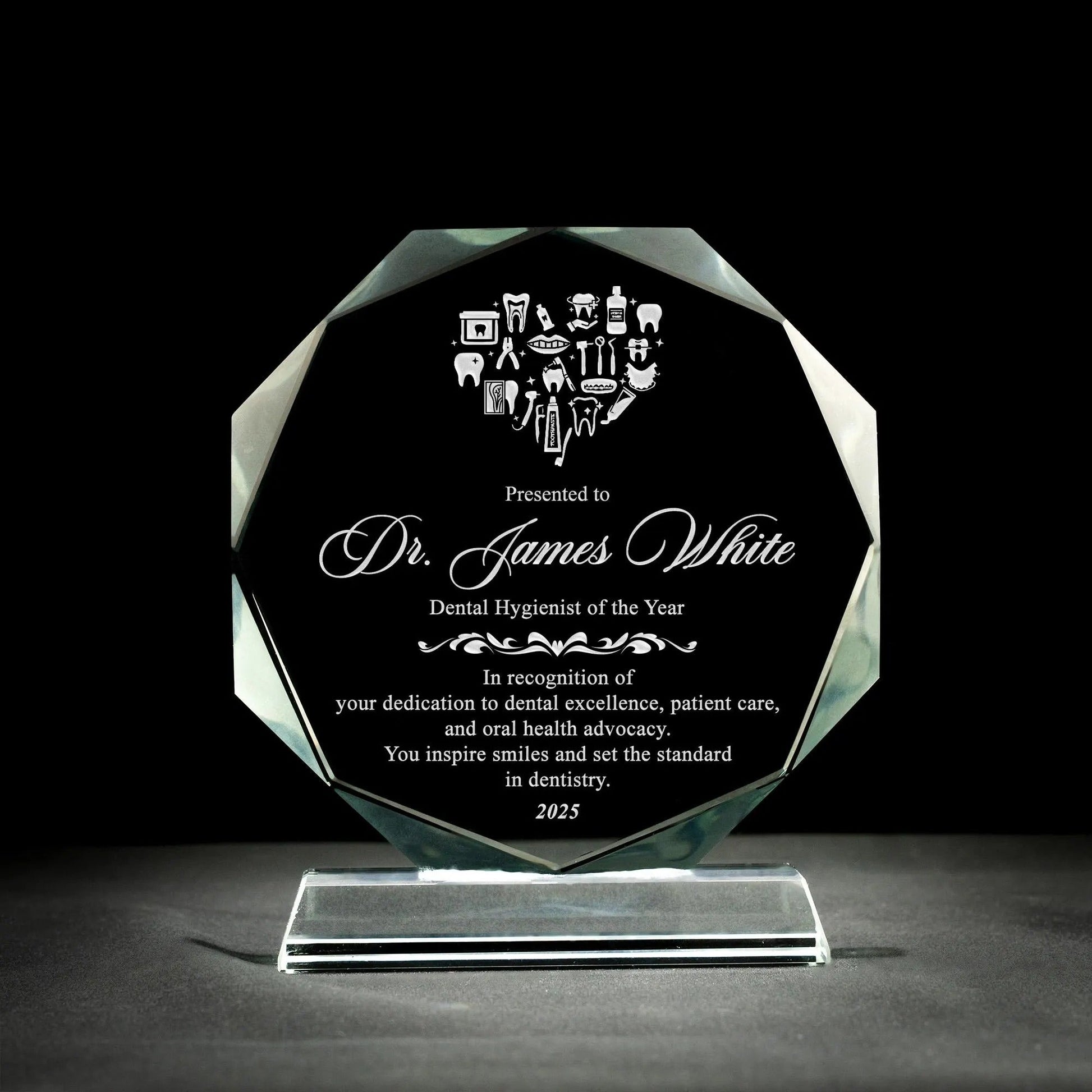 Unique Personalized Dentist Crystal Award crafted for dental hygiene appreciation week and professional recognition  