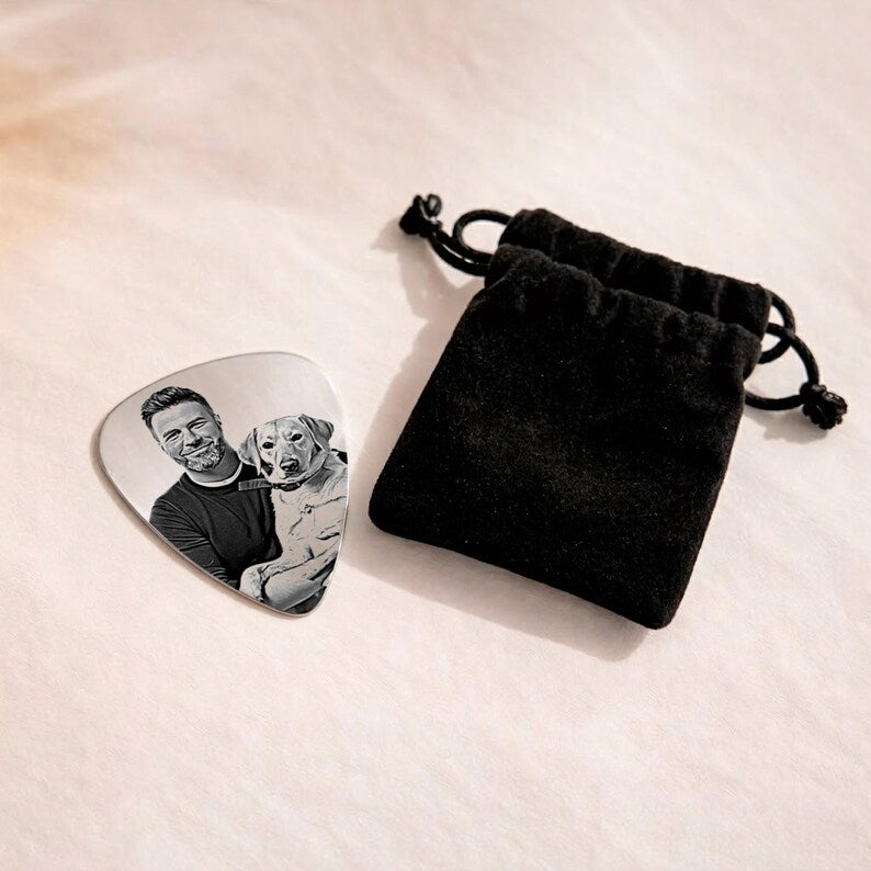 This custom guitar pick features a cherished dog photo, making it a unique Father's Day gift for dad.