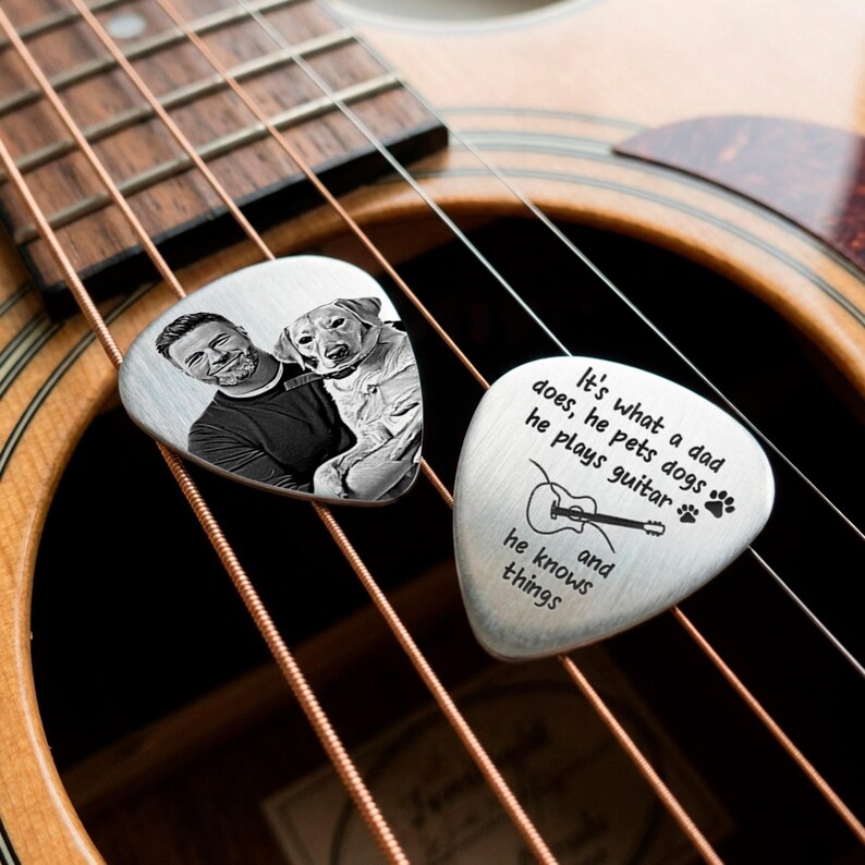 Durable laser engraved guitar pick, providing a professional way to showcase family and pet photos.