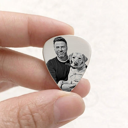 Customized guitar plectrum with a pet portrait, perfect for dad who plays guitar or loves music.