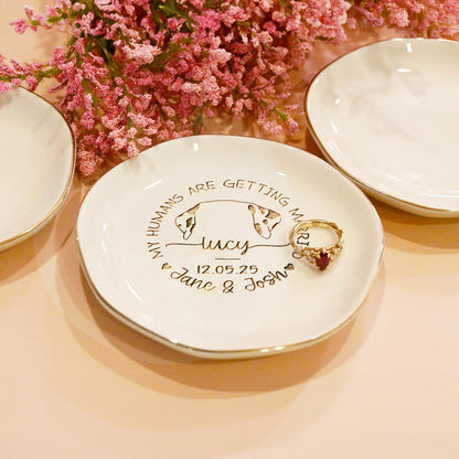Engagement ring holder designed for dog lovers with custom names and pet illustration  