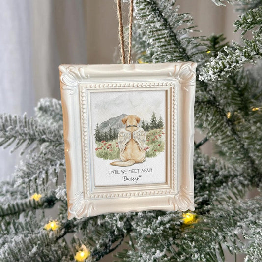 A Personalized Dog Memorial Christmas Ornament, a touching dog memorial gift and beautiful watercolor Christmas ornament.