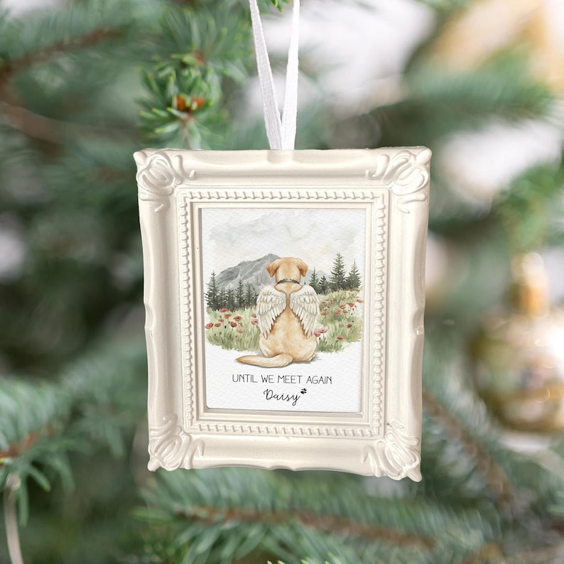 This photo frame ornament, a Personalized Dog Memorial Christmas Ornament, is a thoughtful memorial ornament with picture for a lost dog.