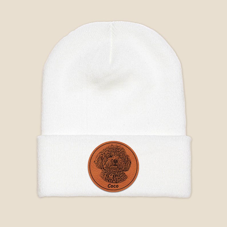 Close-up of a custom patch beanie, the Personalized Dog Photo Beanie is a thoughtful gift for dog owners and dog dads.