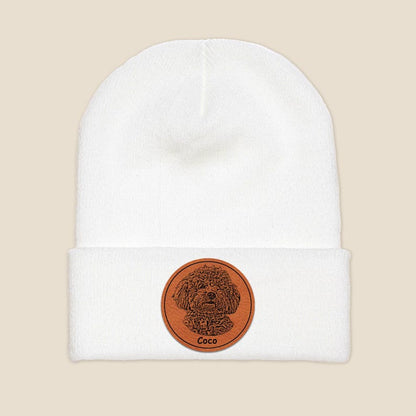 Close-up of a custom patch beanie, the Personalized Dog Photo Beanie is a thoughtful gift for dog owners and dog dads.