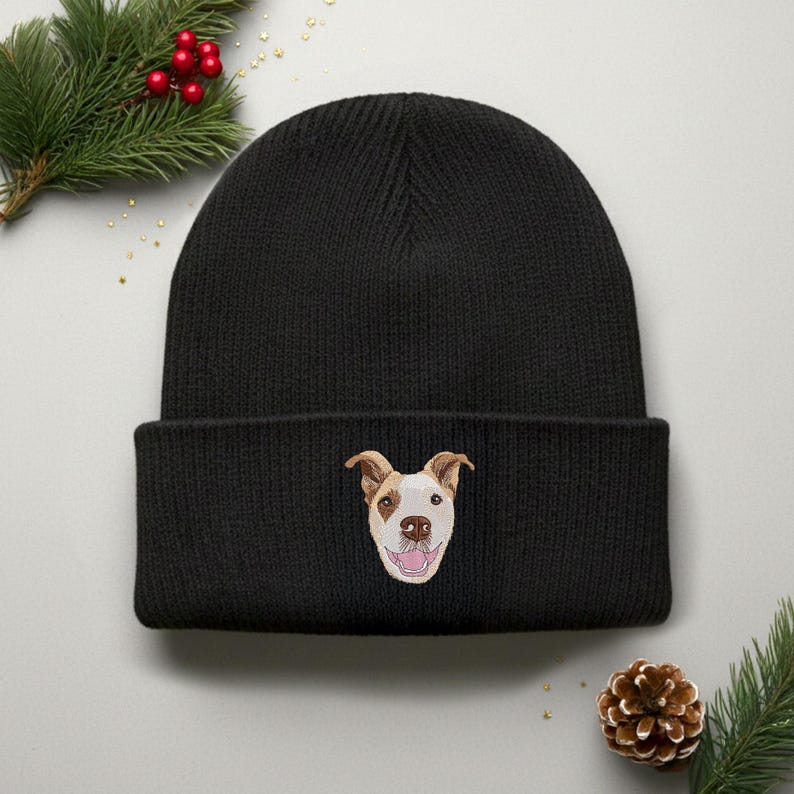 Pet Portrait Beanie Gifts for Dog Mom Custom Embroidered Dog Photo Beanie