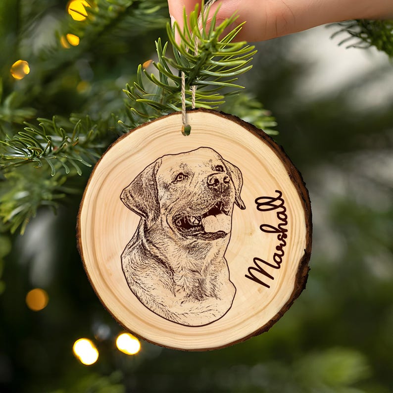 A custom Personalized Dog Photo Wooden Ornament, a thoughtful personalized wooden ornament for all pet owners and dog lovers.