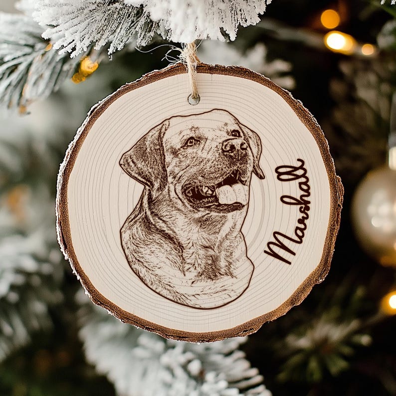 Close-up of an engraved Christmas ornament, this Personalized Dog Photo Wooden Ornament is a beautiful personalized pet ornament.