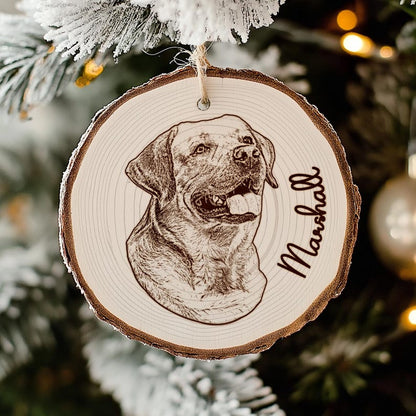 Close-up of an engraved Christmas ornament, this Personalized Dog Photo Wooden Ornament is a beautiful personalized pet ornament.
