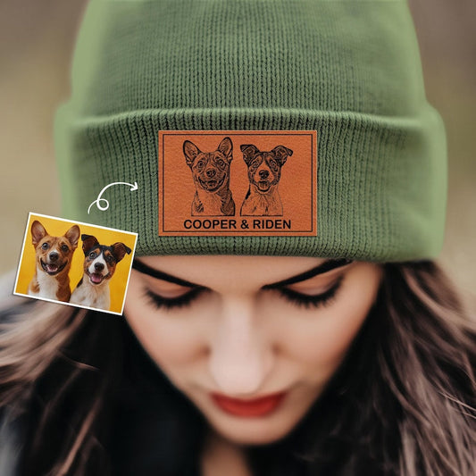 A Personalized Dog Portrait Beanie for Dog Mom, a unique custom beanie and perfect dog mom gift.