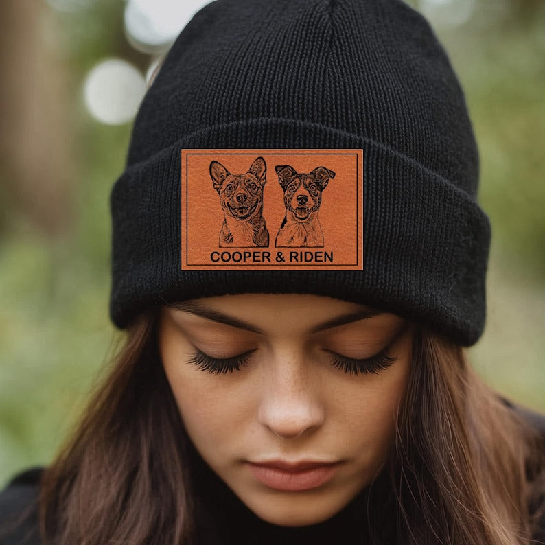 This custom patch beanie features a personalized dog photo, making the Personalized Dog Portrait Beanie an ideal dog lover gift.