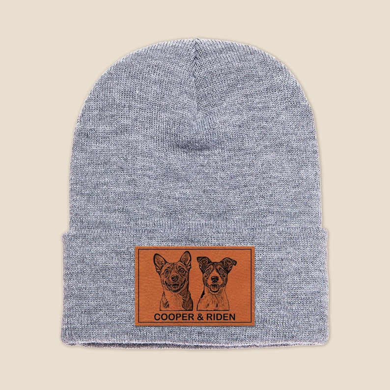 A stylish Personalized Dog Portrait Beanie for Dog Mom, one of the best personalized dog photo gifts for pet owners.