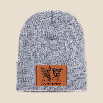 A stylish Personalized Dog Portrait Beanie for Dog Mom, one of the best personalized dog photo gifts for pet owners.