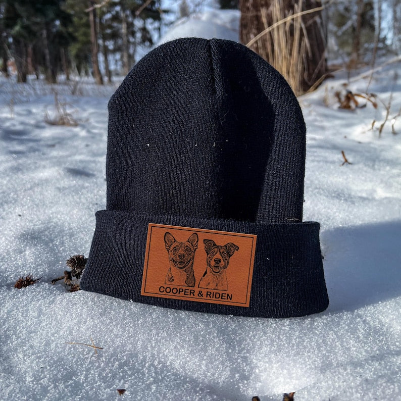 Close-up of a custom patch beanie, the Personalized Dog Portrait Beanie is a thoughtful gift for dog owners.