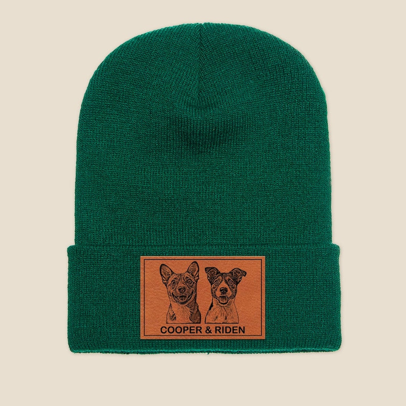 A custom Personalized Dog Portrait Beanie, a warm and unique gift for pet owners and dog lovers.