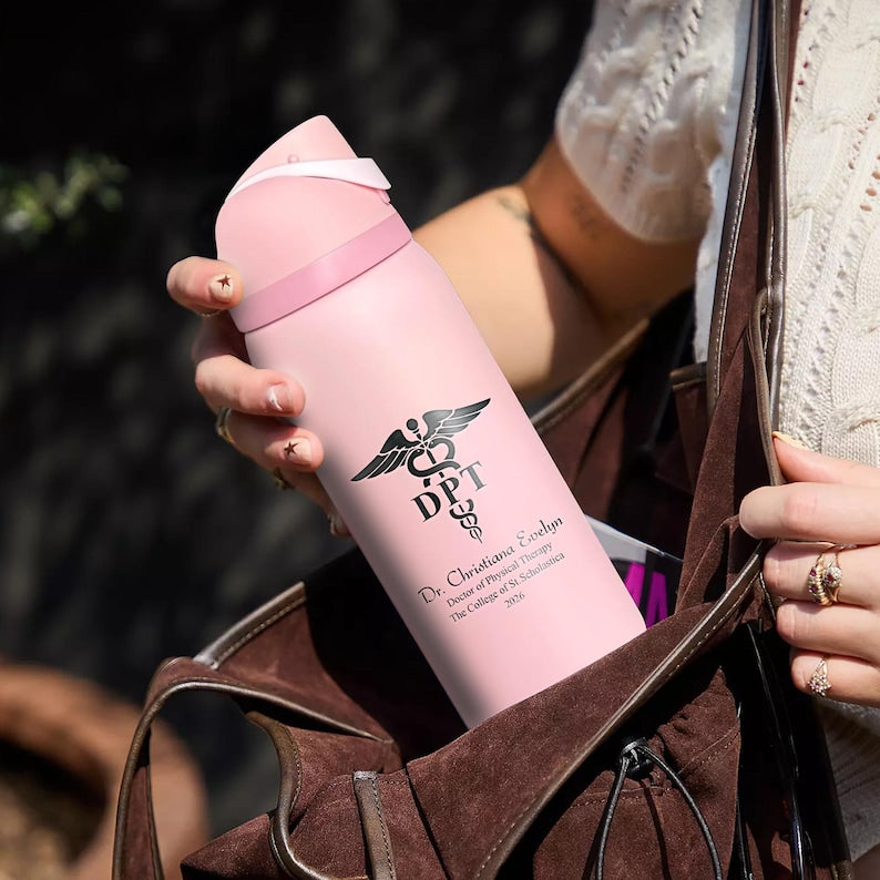This custom laser engraved water bottle is the perfect graduation gift for a Doctor of Physical Therapy.