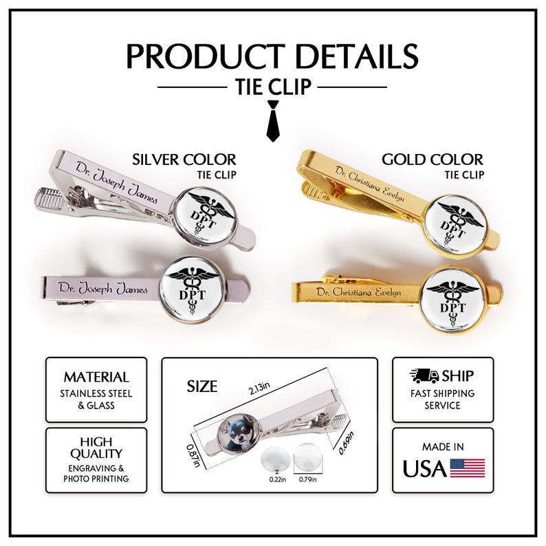 High-quality personalized tie clip for physical therapists, ideal for PT Month or graduation.