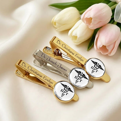 Elegant and durable engraved tie clip, serving as a professional accessory for new PT graduates.