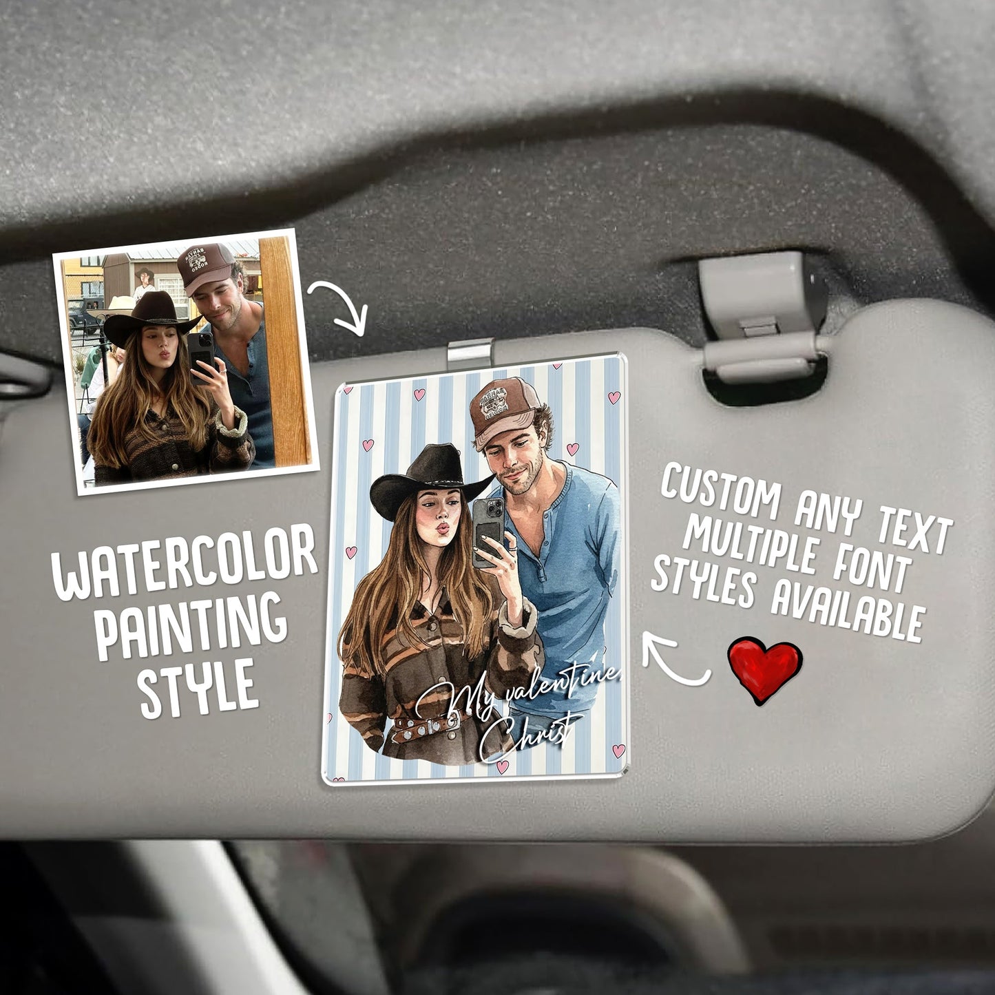 This custom car accessory is an ideal couple Valentine's gift and thoughtful Drive Safe car visor clip.