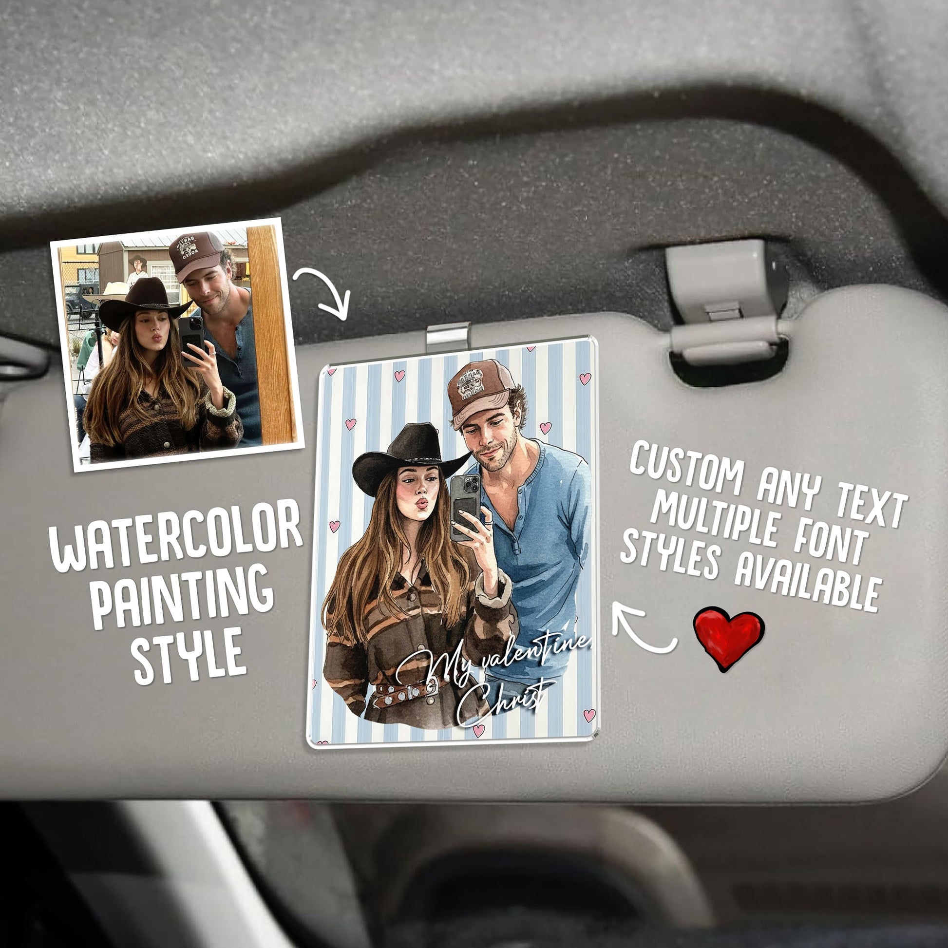 This custom car accessory is an ideal couple Valentine's gift and thoughtful Drive Safe car visor clip.
