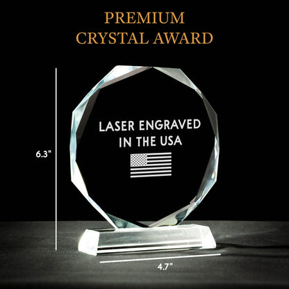 A close-up of an engraved crystal award, the Personalized Employee Long Service Crystal Award is a premium custom corporate gift.