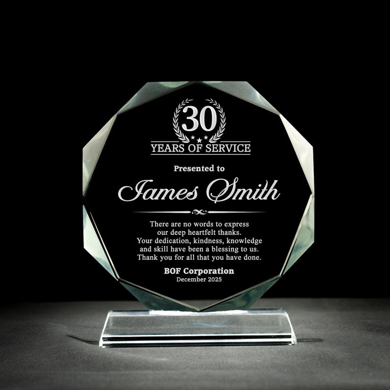 This engraved crystal award, a Personalized Employee Long Service Award, serves as a timeless employee appreciation gift.