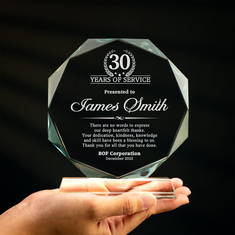 An elegant 30 years of service award, the Personalized Employee Crystal Award is a unique and professional custom award.