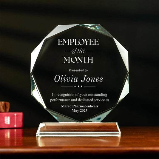 Personalized Employee of the Month Crystal Award designed as elegant employee of the month award and corporate gifts  