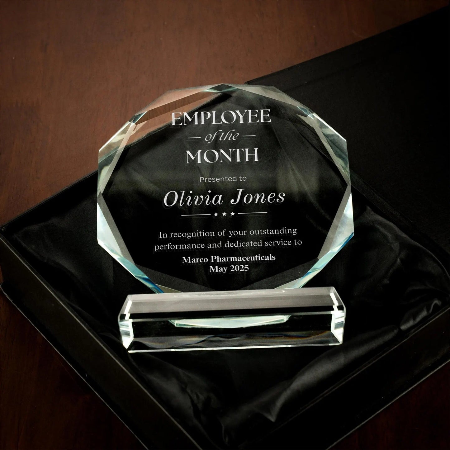 Timeless Personalized Employee of the Month Crystal Award presented as meaningful employee appreciation gifts  
