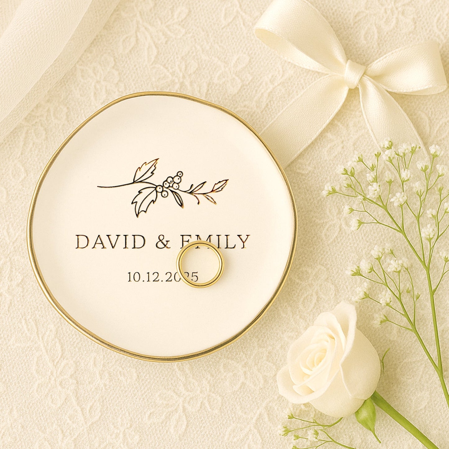 Gifts for bride include elegant engagement ring holders with custom engraving  