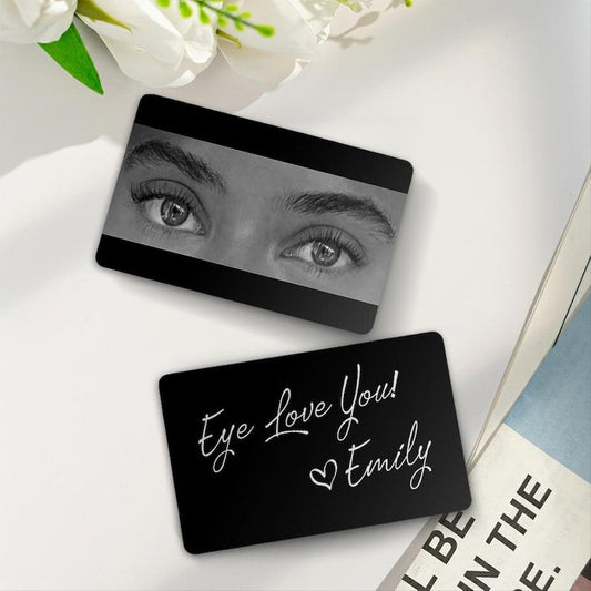 Personalized Eyes Photo Wallet Card, a unique eyes photo gift and the perfect personalized metal wallet card.