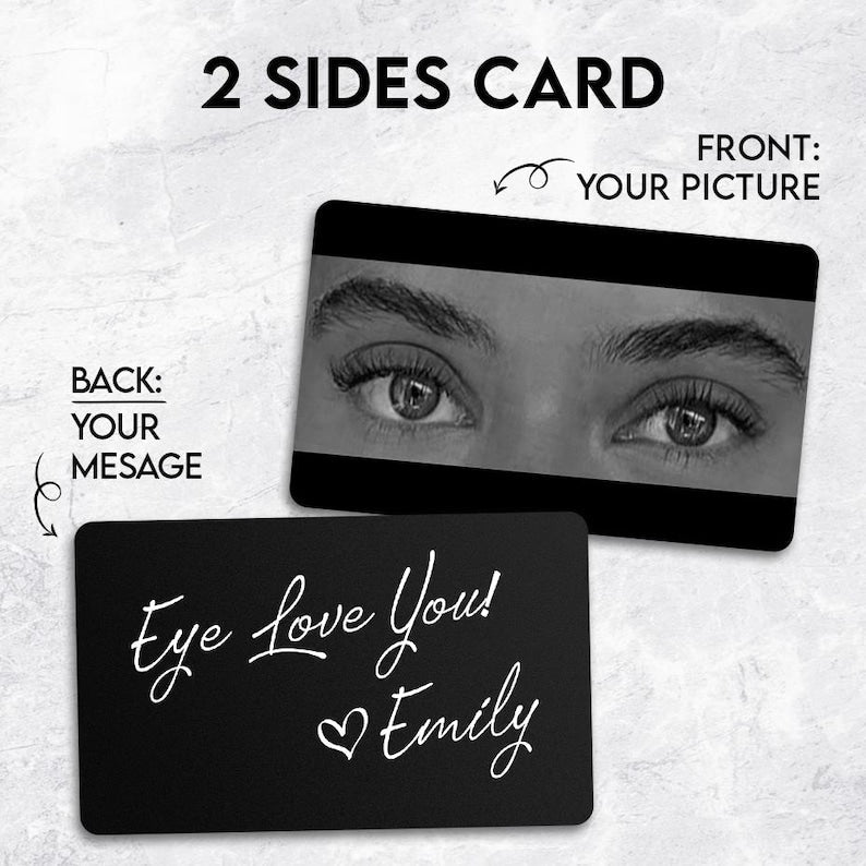 A close-up of a personalized metal wallet card, the Personalized Eyes Photo Card is a creative engraved Valentine's day gift.