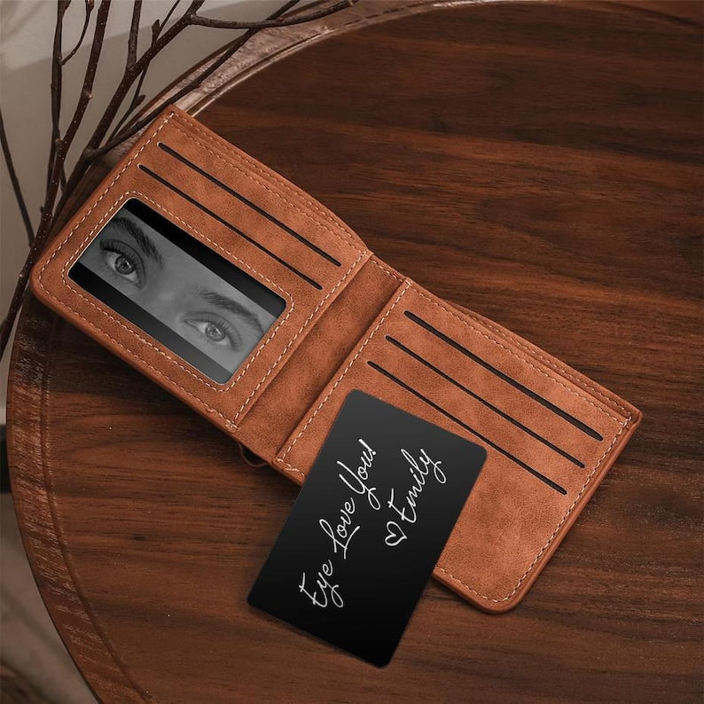 The perfect Valentine's gift for him, this Personalized Eyes Photo Wallet Card is a durable metal wallet insert.