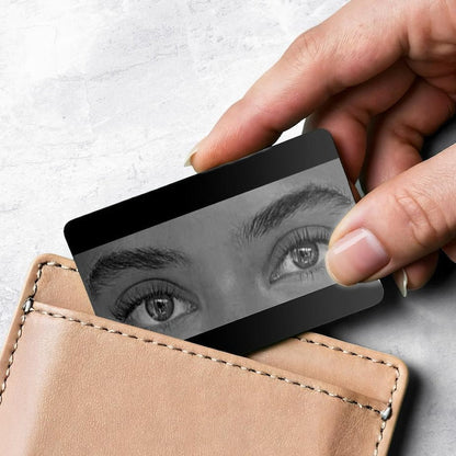 Custom metal wallet card, the Personalized Eyes Photo Wallet Card is a beautiful example of engraved Valentine's day gifts.