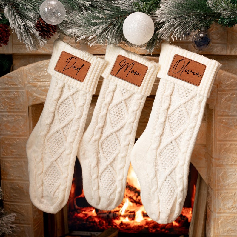 Personalized Family Christmas Stockings, a beautiful ivory Christmas stocking and personalized xmas stockings for the whole family.