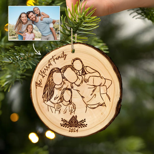A Personalized Family Line Art Wooden Ornament, a unique custom family ornament created from your photo.