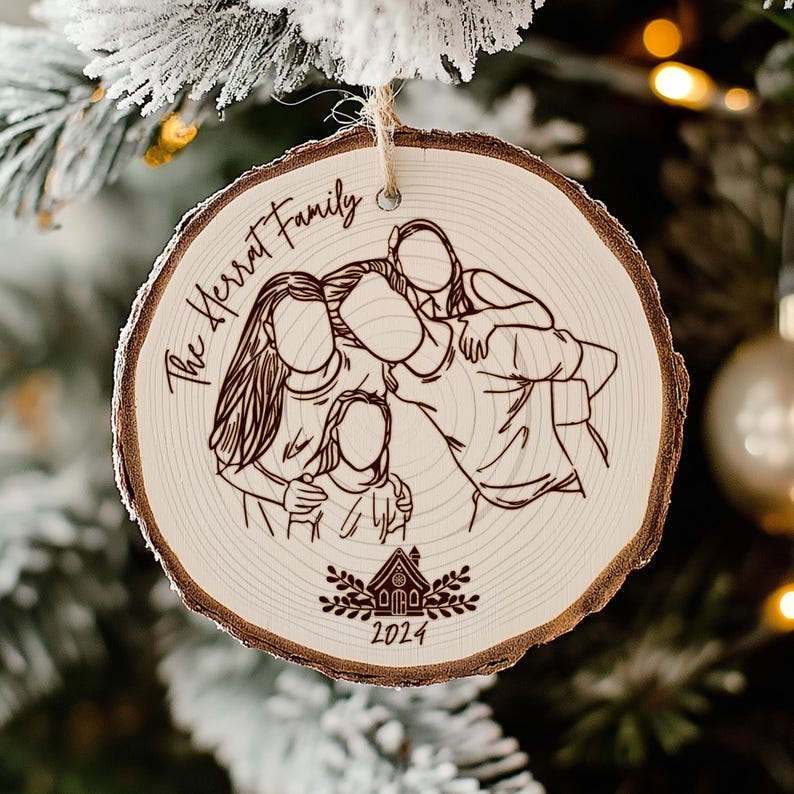 A beautiful family ornament for the Christmas tree, this Personalized Family Line Art Wooden Ornament is a heartfelt gift.