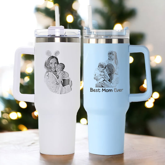 Personalized Family Photo 40oz Tumbler with Handle, a perfect and unique Mother's Day gift for mom.