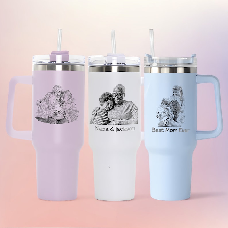 This custom photo tumbler features high-quality picture engraving, making it a sentimental gift for Mother's Day.