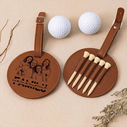 Personalized leather golf bag tags with photo inserts, making a great Father's Day golf gift from kids.