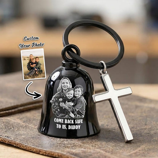 Personalized family photo guardian bell keychain, a unique engraved keychain and gift for a motorcycle dad.