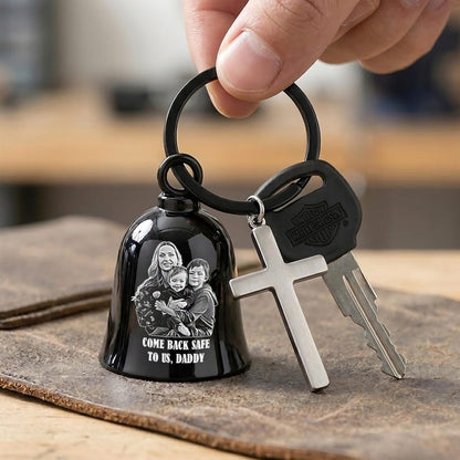Harley Davidson guardian bell keychain with a family photo, a premium harley motorcycle bell for your husband or dad.