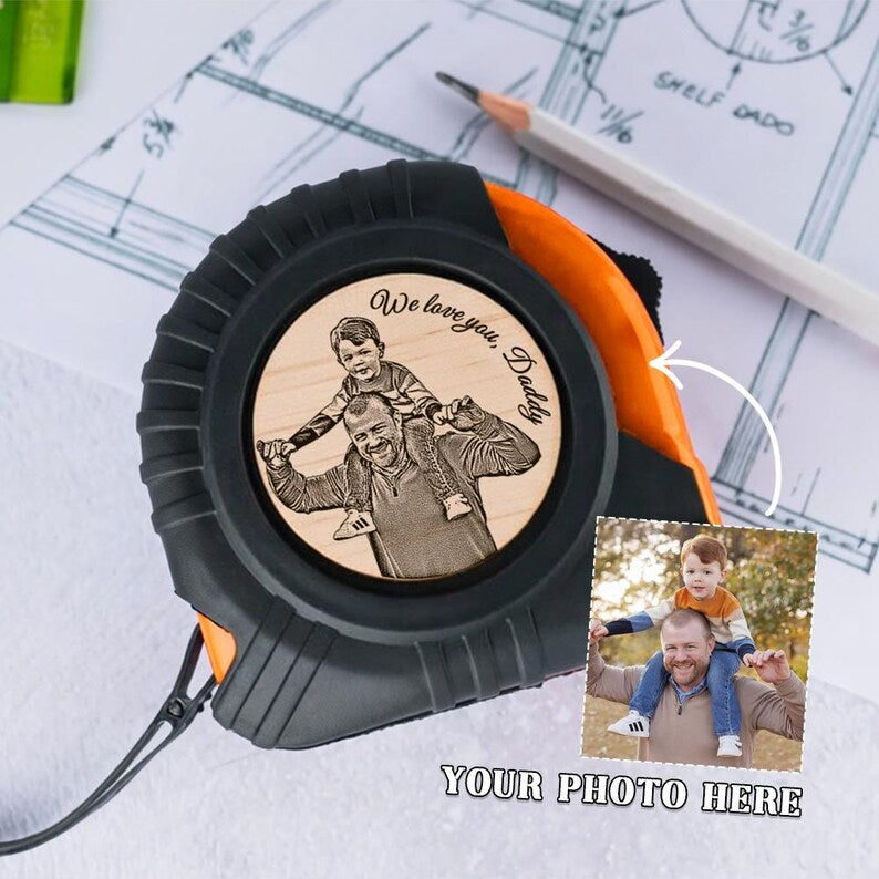 Personalized family photo measuring tape, a unique custom tape measure and engraved gift for dad.