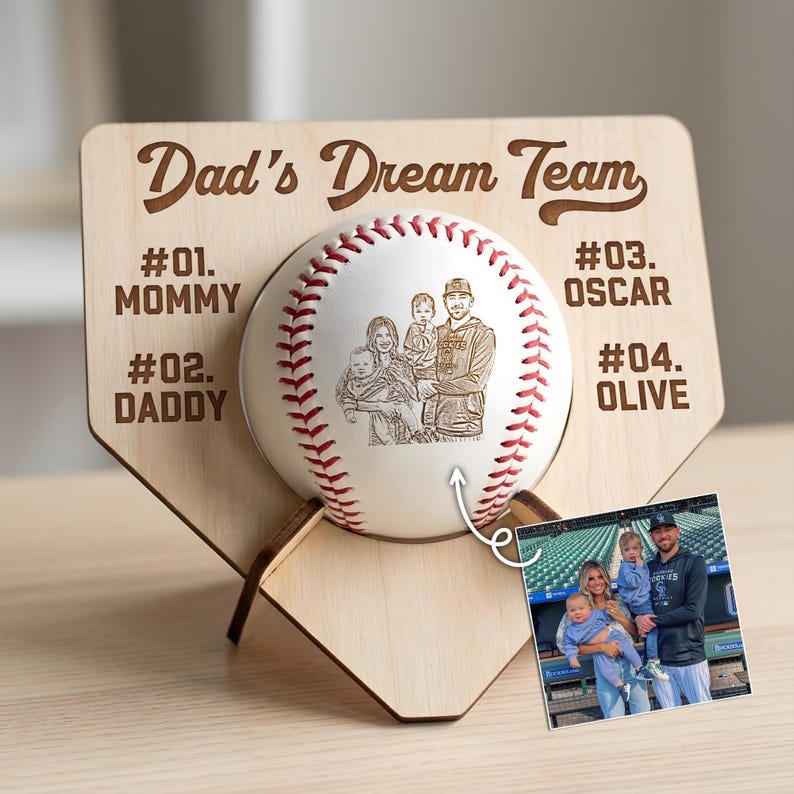 Personalized family photo wooden baseball holder, a unique wood baseball display and engraved gift for dad.