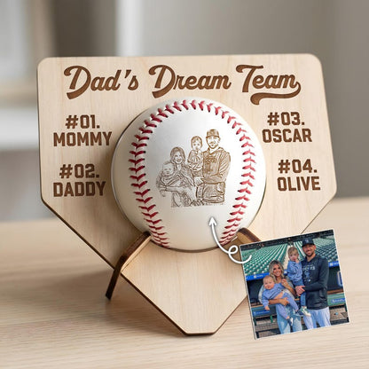 Personalized family photo wooden baseball holder, a unique wood baseball display and engraved gift for dad.