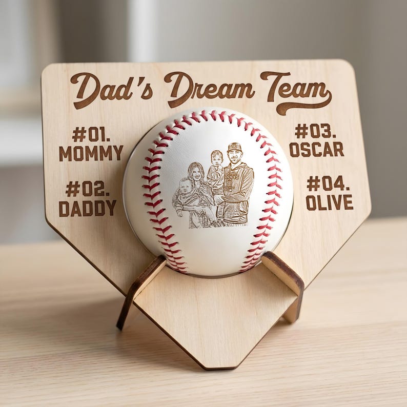 Wood baseball holder displaying a custom picture baseball, making a great gift for a baseball dad.