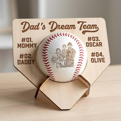 Wood baseball holder displaying a custom picture baseball, making a great gift for a baseball dad.